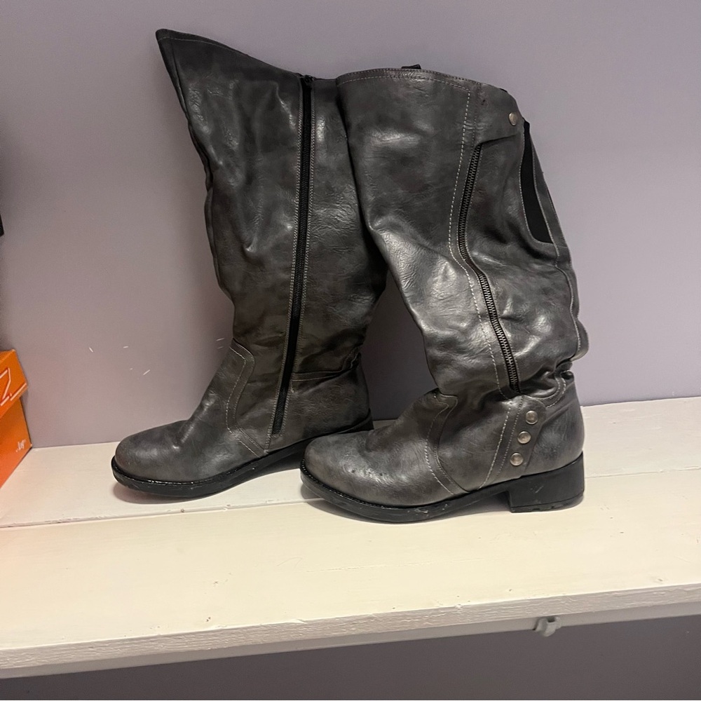 Grey knee high boots